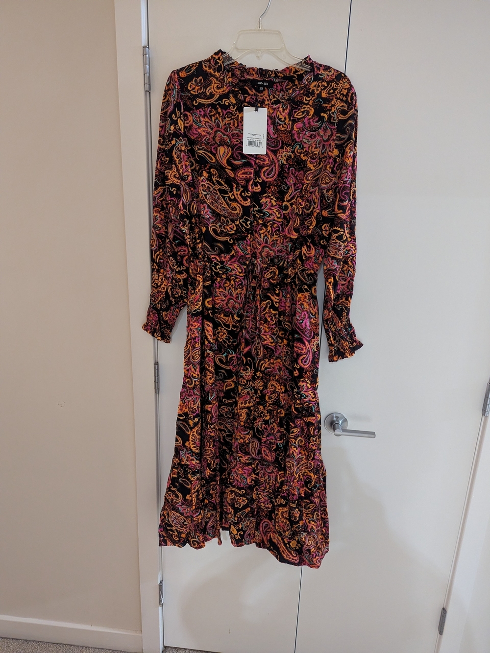 Long Sleeve Paisley Midi Dress in Black with Pink & Orange Accents, Size 14